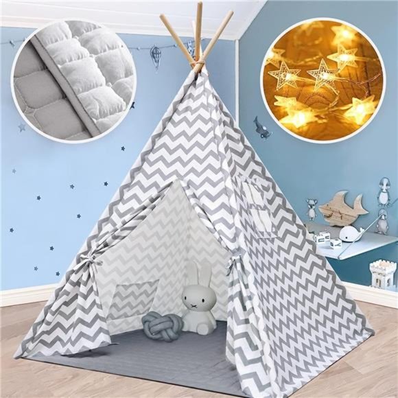 Kids TeepeeTent with Mat&Light String, Kids Foldable Play Tent for IndoorOutdoor - Picture 1 of 6